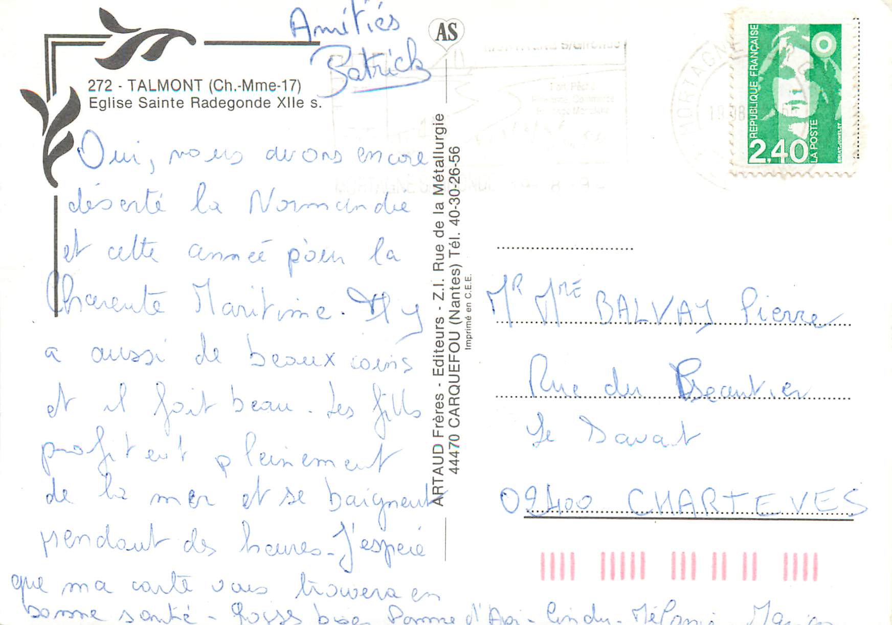 CPM Talmont Ch Mme Eglise Sainte Radegonde  — Back