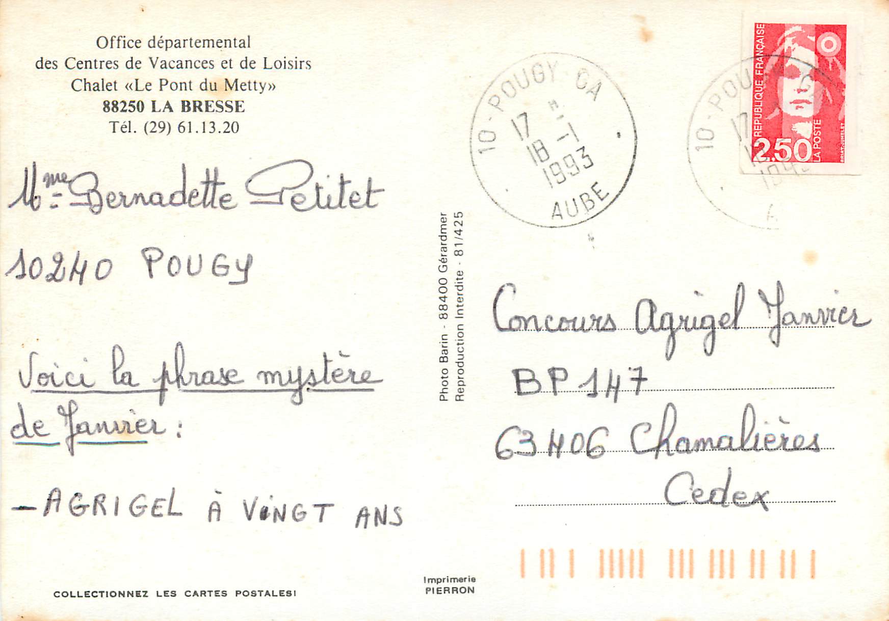 CPM Office departemental des Centres de Vacances et de Loisirs Chalet Le Pont du Mettu La Bresse  — Rückseite