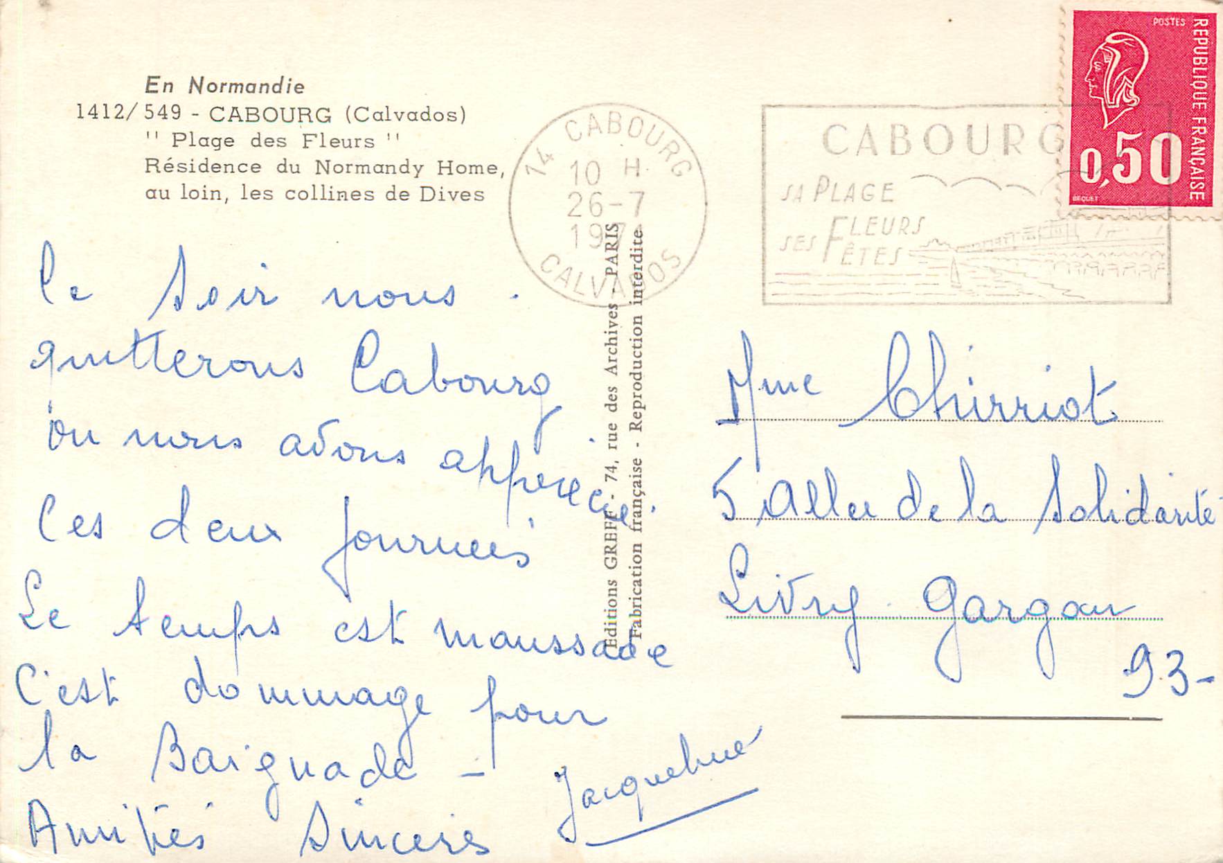 CPM Cabourg Calvados Plage des Fleurs Residence du Normandy Home  — Rückseite