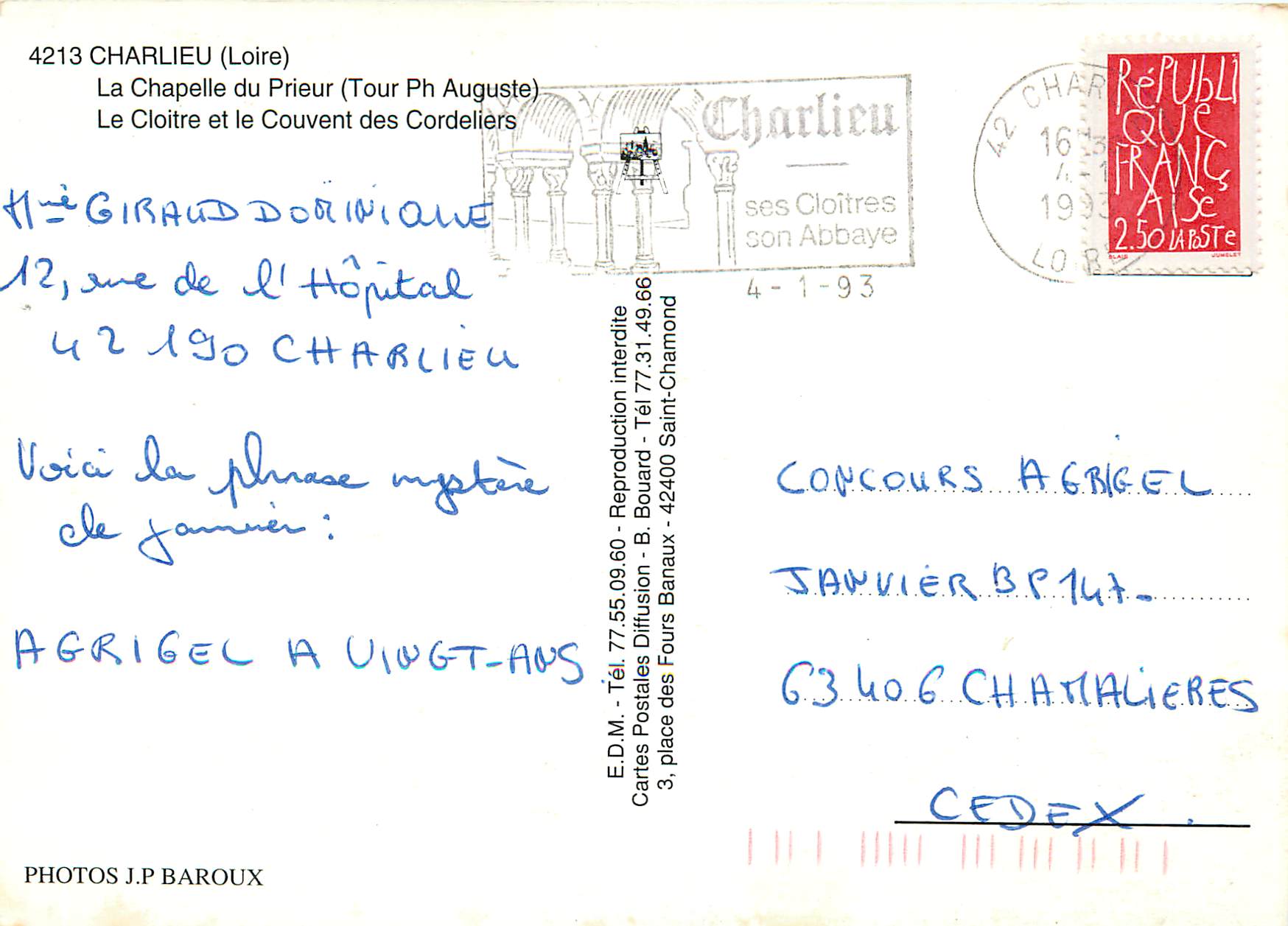 CPM Charlieu Loire La Chapelle du Prieur Le Cloitre et le Couvent des Cordeliers  — Rückseite