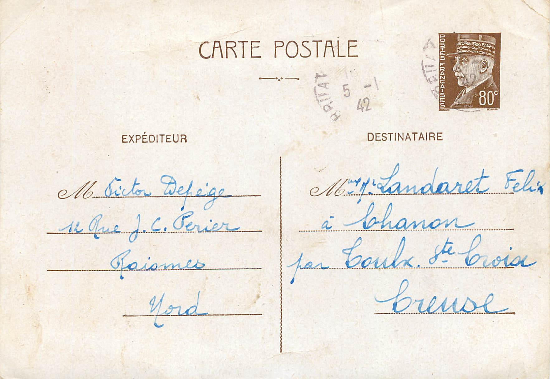 Entier Postal Petan 80c pour Landaret Creuse 1942