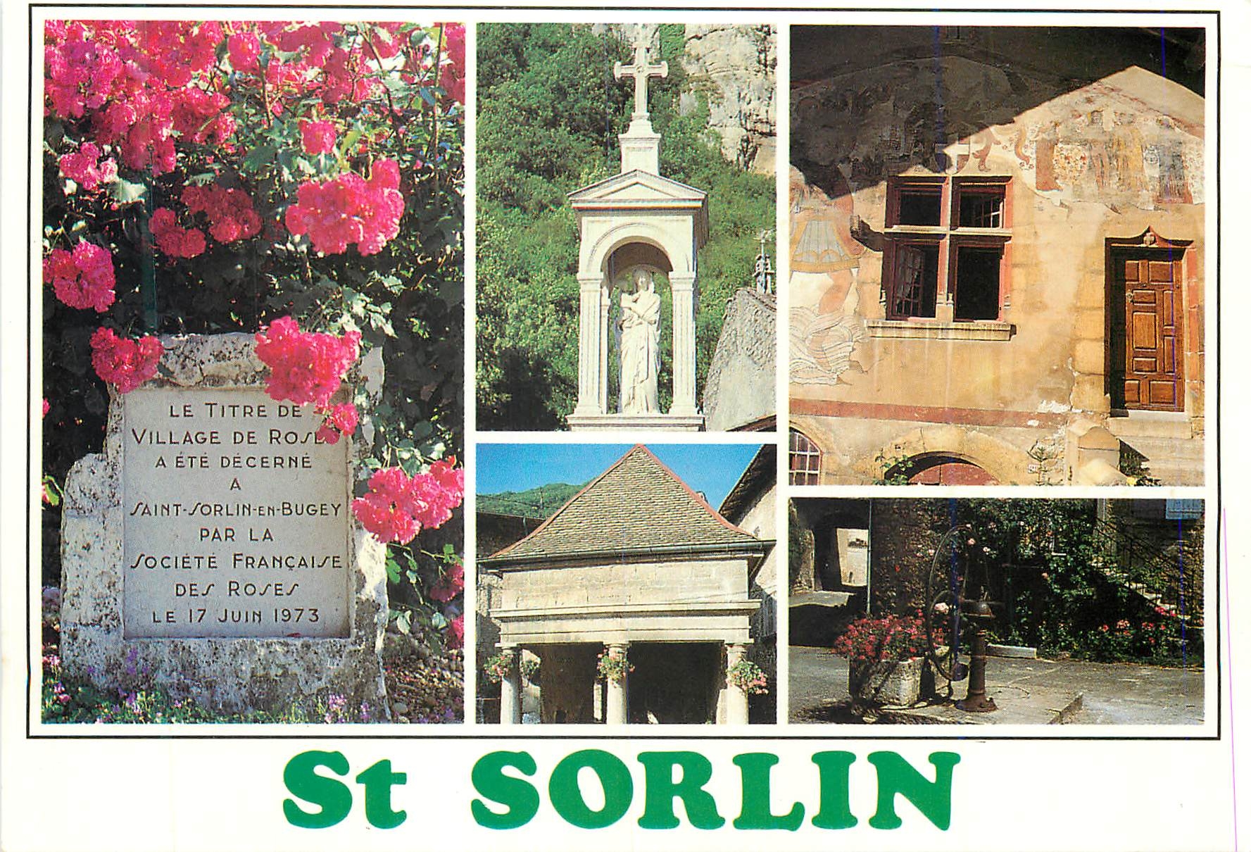 CPM St Sorlin en Bugey St Sorlin villate de roses Statue de la Vierge La fotaine Lavoir de Collonges 