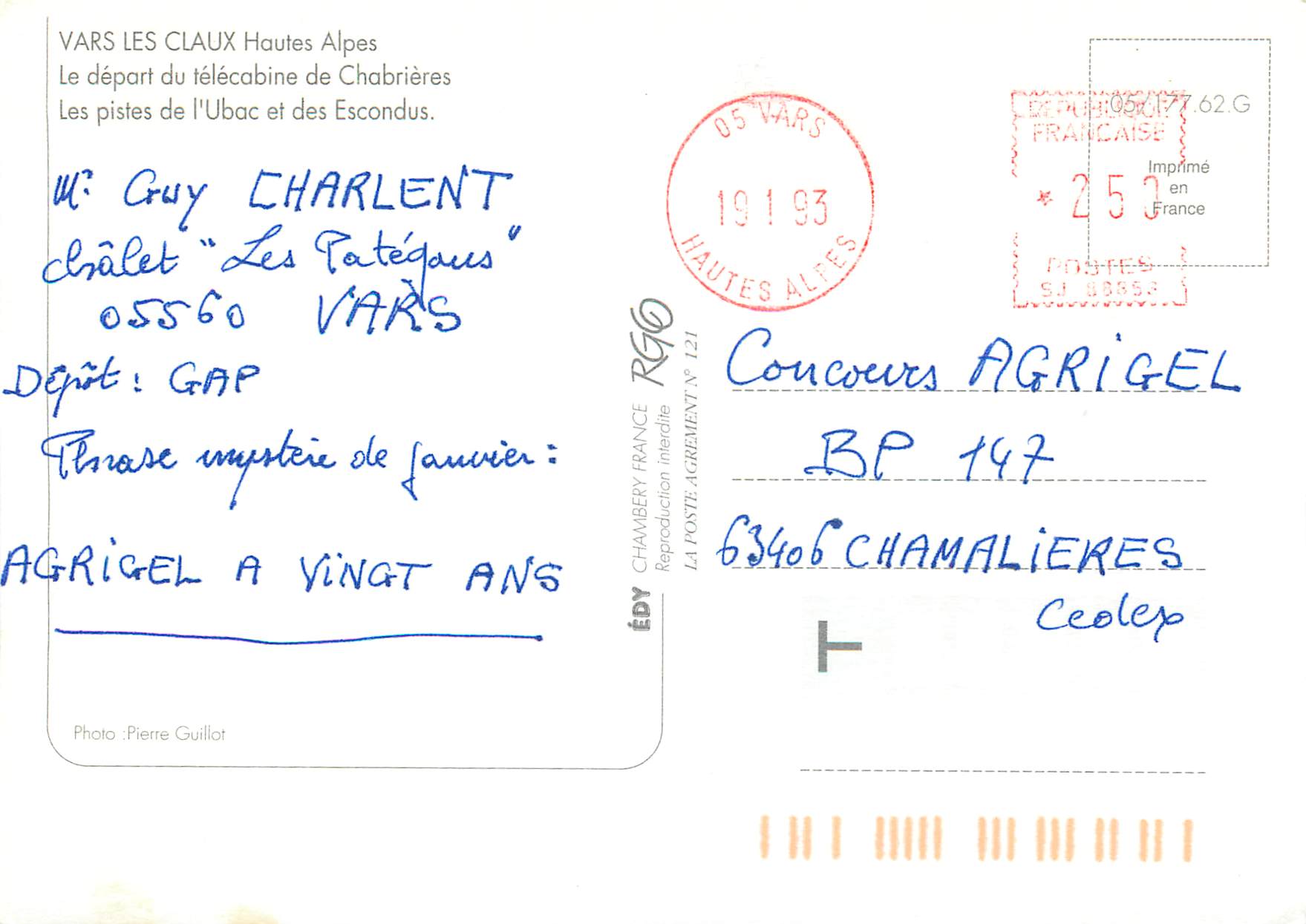 Vars les Claux — station de ski — Éd. Édy, n° 121 — Achterkant
