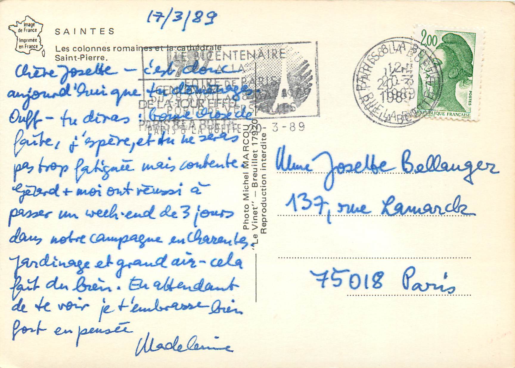 CPM Saintes Les colonnes romaines et la cathedrale Saint Pierre  — Rückseite
