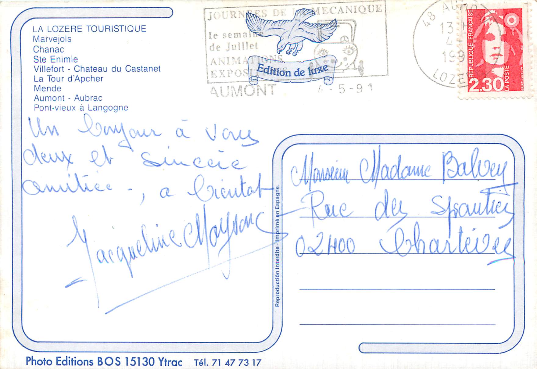 CPM La Lozere Touristique Marvejols Chanac Ste Enimie Villefort Chateau du Castanet  — Rückseite