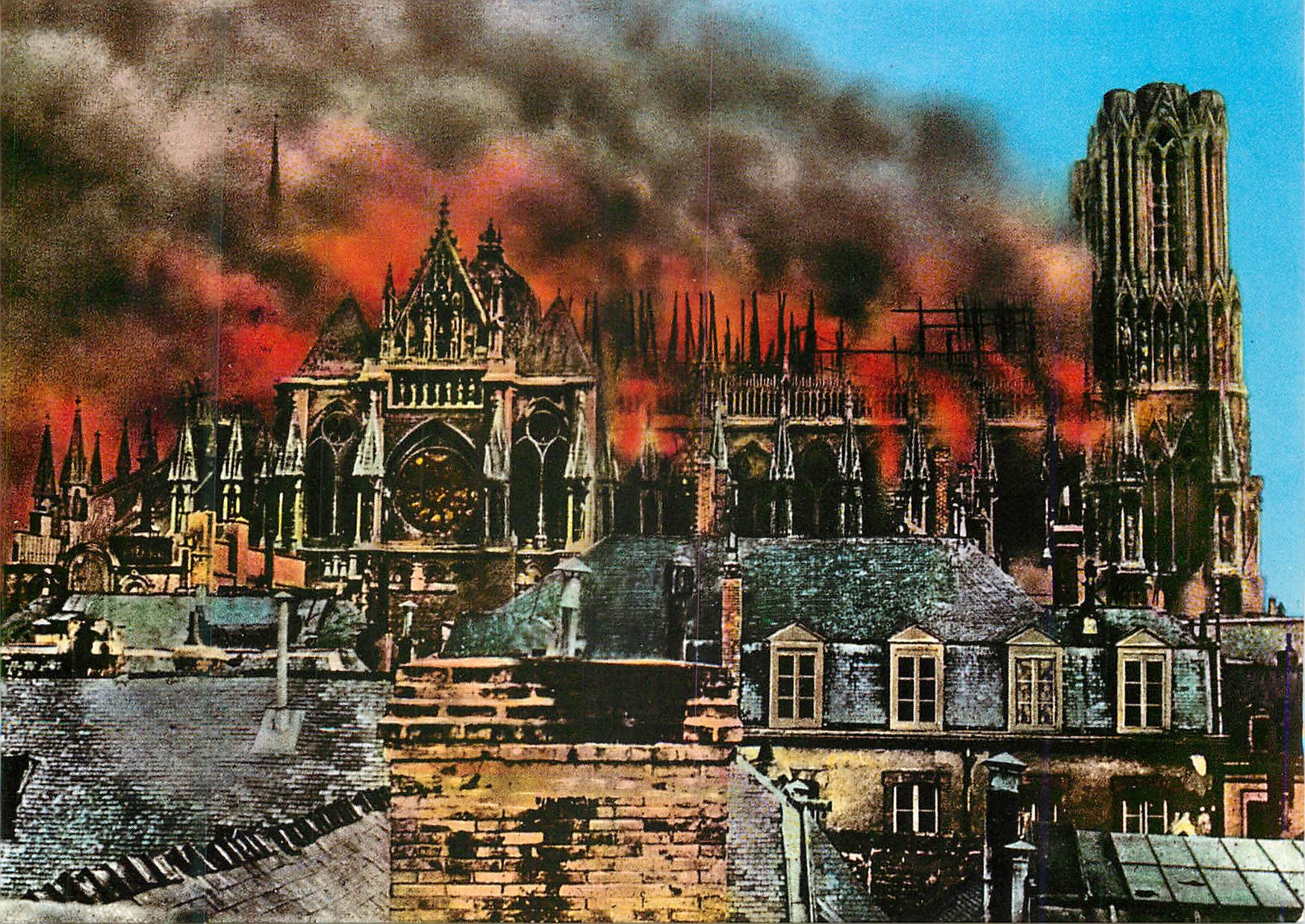 Reims (Marne) — Cathédrale en feu le 19 septembre 1914 — Offset Color ADIA