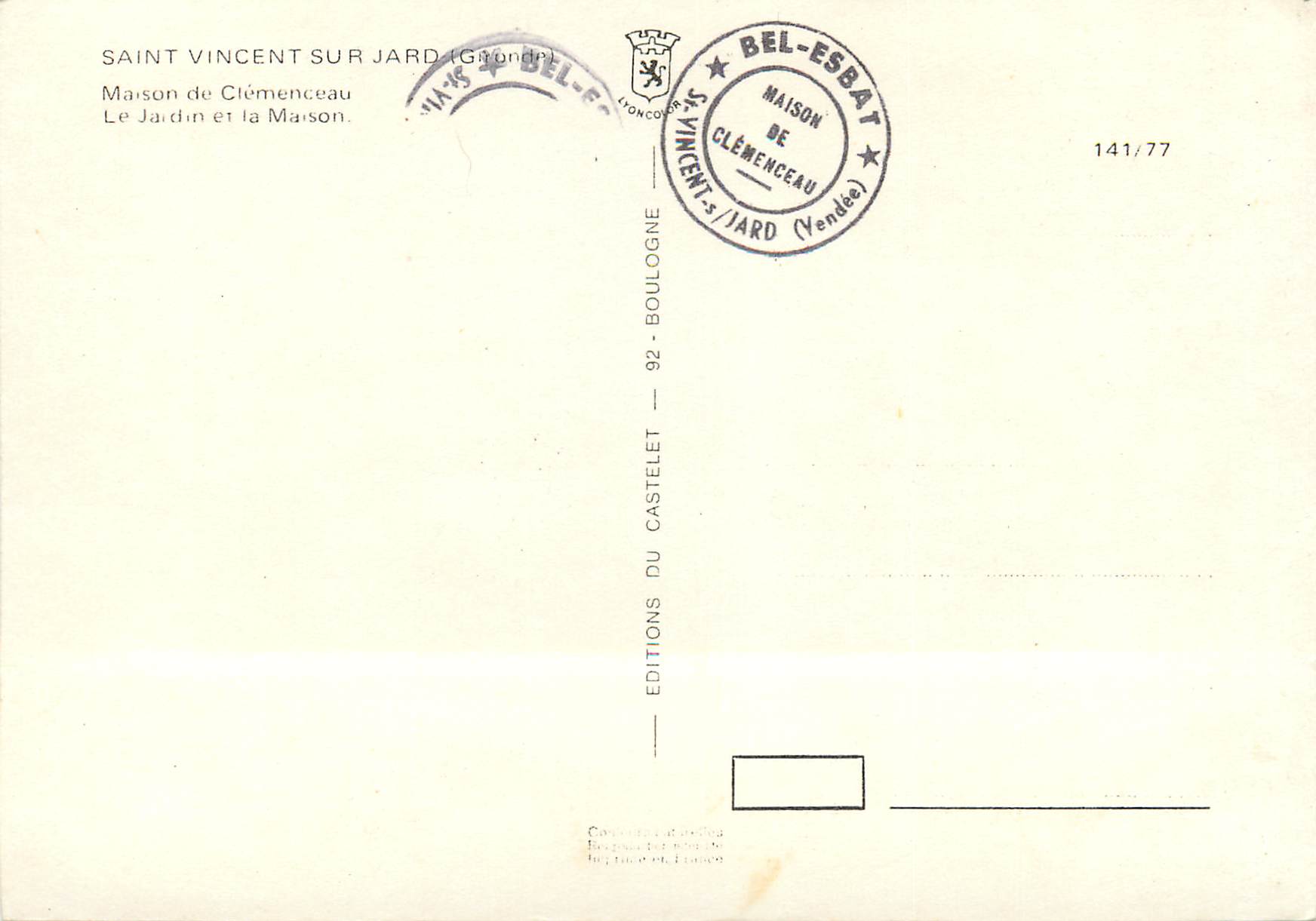 CPM Saint Vincent sur Jard Maison de Clemenceau Le Jardin et la Maison  — Verso