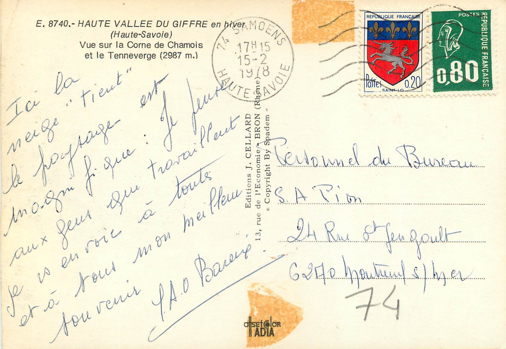 Haute Vallée du Giffre en hiver — Vue sur la Corne de Chamois et le Tenneverge (2987 m) — Éditions J. Cellard — Rückseite