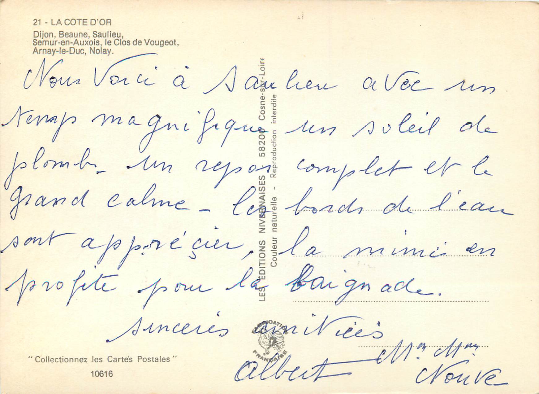 CPM La Cote d Or Dijon Beaune Saulieu Semur en Auxois le Clos de Vougeot Arnau le Duc Nolay  — Rückseite