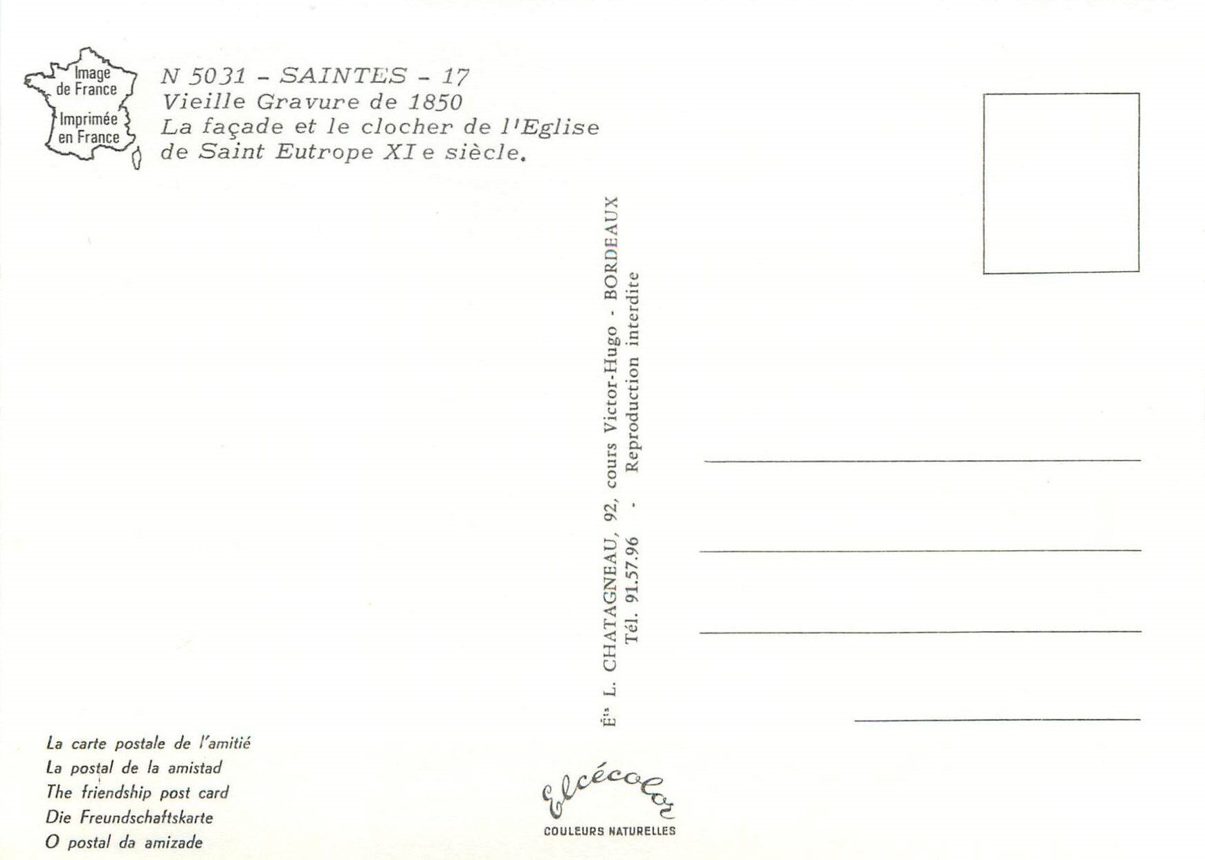 Église Saint-Eutrope à Saintes au 19e siècle — gravure de 1850, éditeur L. Chatagneau, n° 5031 — Back