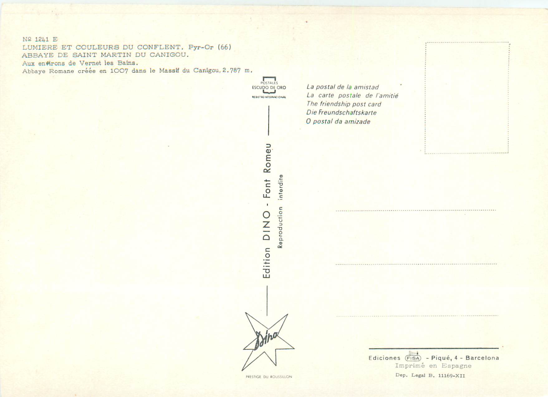 CPM Lumiere et Couleurs du Confluent Pyr Or Abbaye de Saint Martin de Canigou  — Rückseite