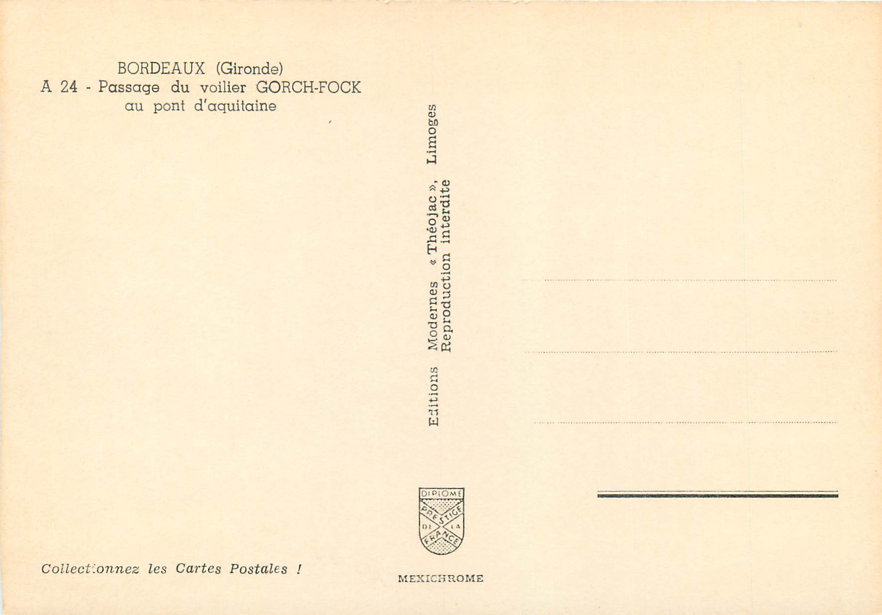 Passage du voilier GORCH-FOCK au pont d'Aquitaine — Bordeaux (Gironde) — Éditions Diplôme — Verso