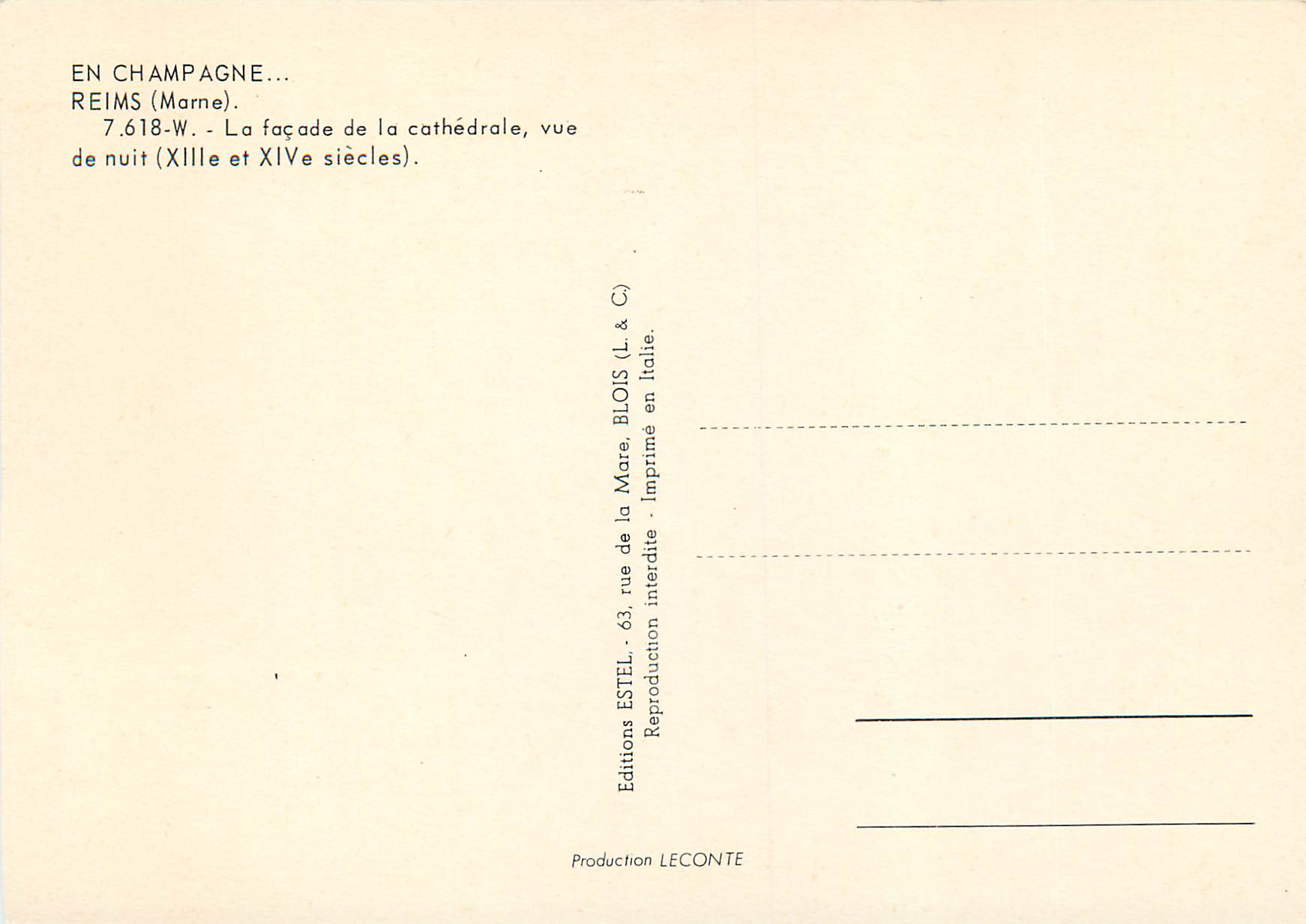 Reims — Kathedrale — Nachtsicht (13. und 14. Jahrhundert) — Estel Editions — Rückseite