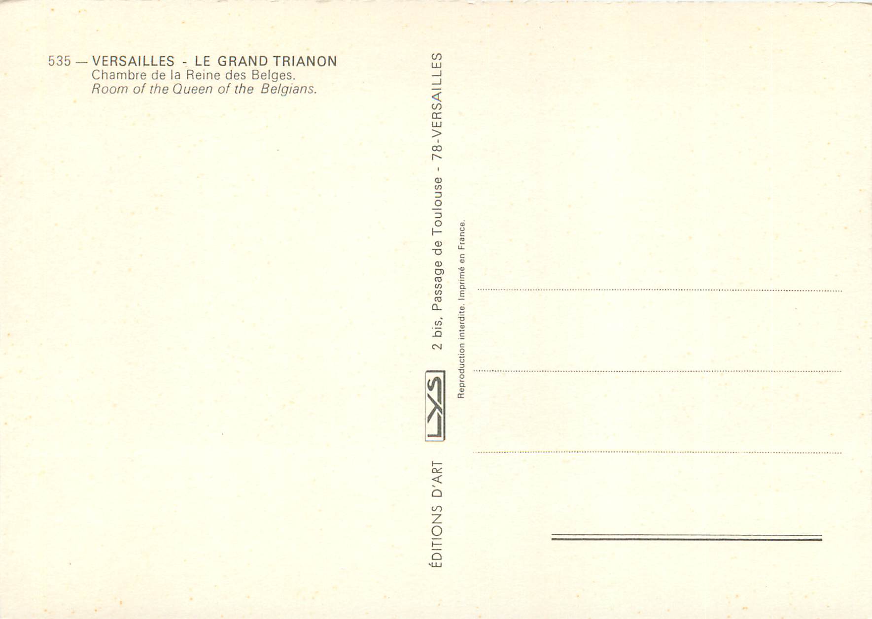 CPM Versailles Le Grand Trianon Chambre de la Reine des Belges  — Verso