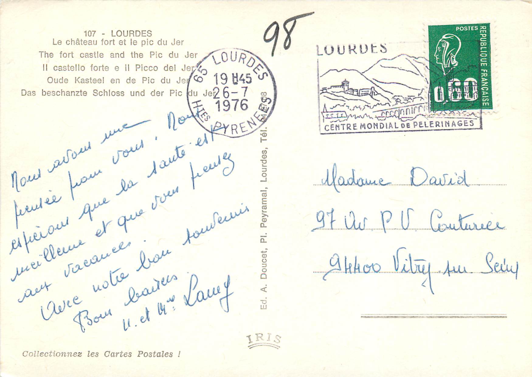 Château fort et le Pic du Jer — Lourdes — Éditeur IRIS, n° 107 — Verso