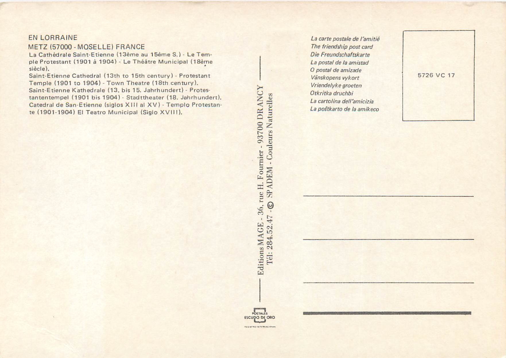 Metz — Cathédrale Saint-Étienne, Temple Protestant, Théâtre Municipal — Editions H. Fournier — Rückseite