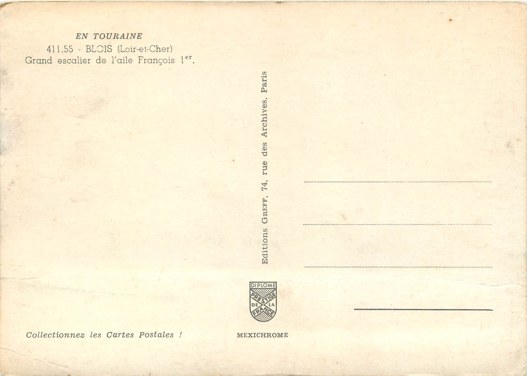 CPM Blois Loir et Cher Grand Escalier d aile Francois Ier  — Verso