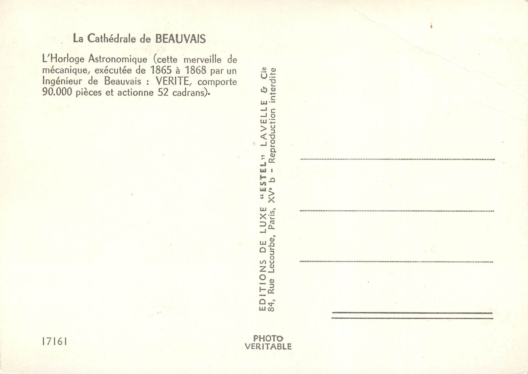 Cathédrale de Beauvais — Horloge Astronomique — Éditeur Estel — Verso