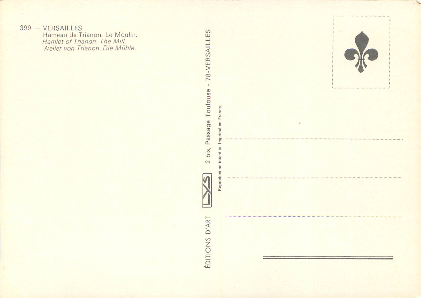CPM Versailles Hameau de Trianon Le Moulin  — Verso