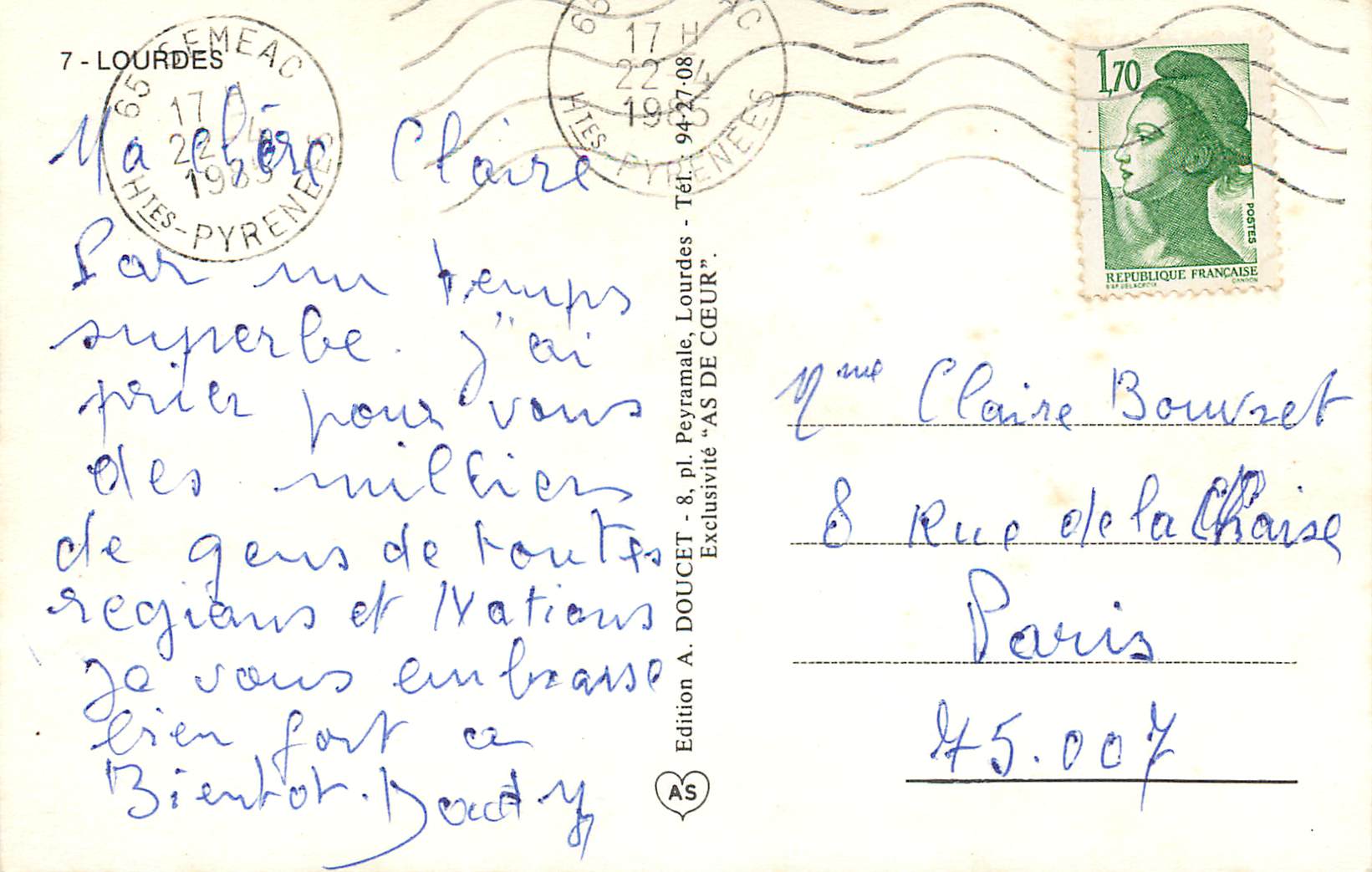 CPM Souvenir de Lourdes  — Verso
