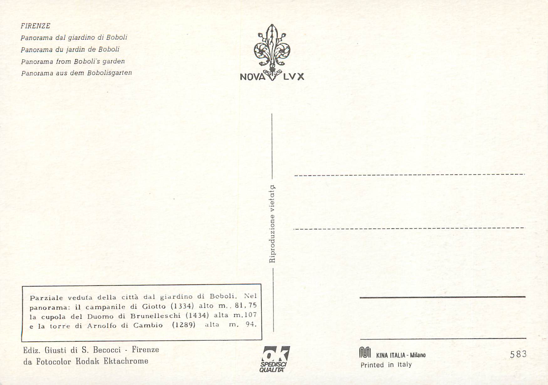 CPM Firenze Panorama du jardin de Boboli  — Rückseite