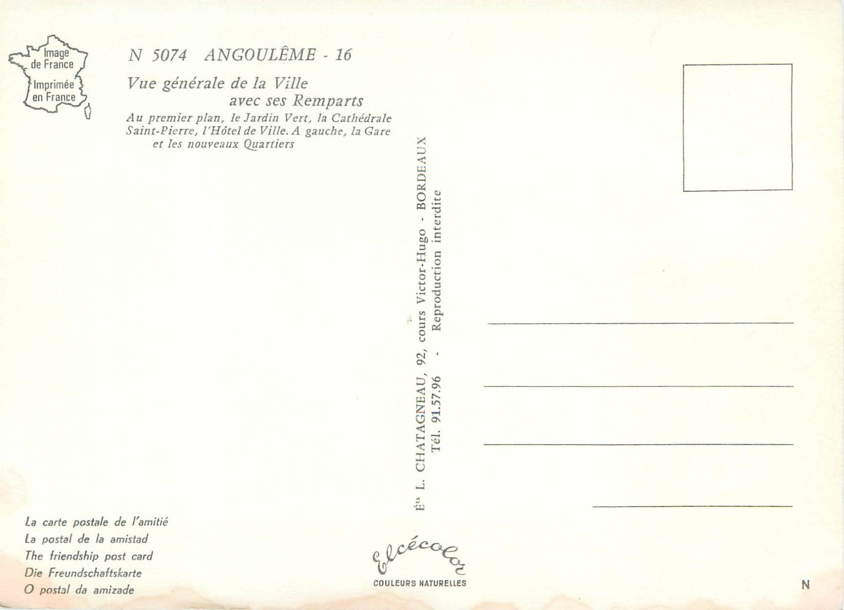 Angoulême — Vue générale de la Ville avec ses Remparts — Éditeur Elcée, N° 5074 — Verso