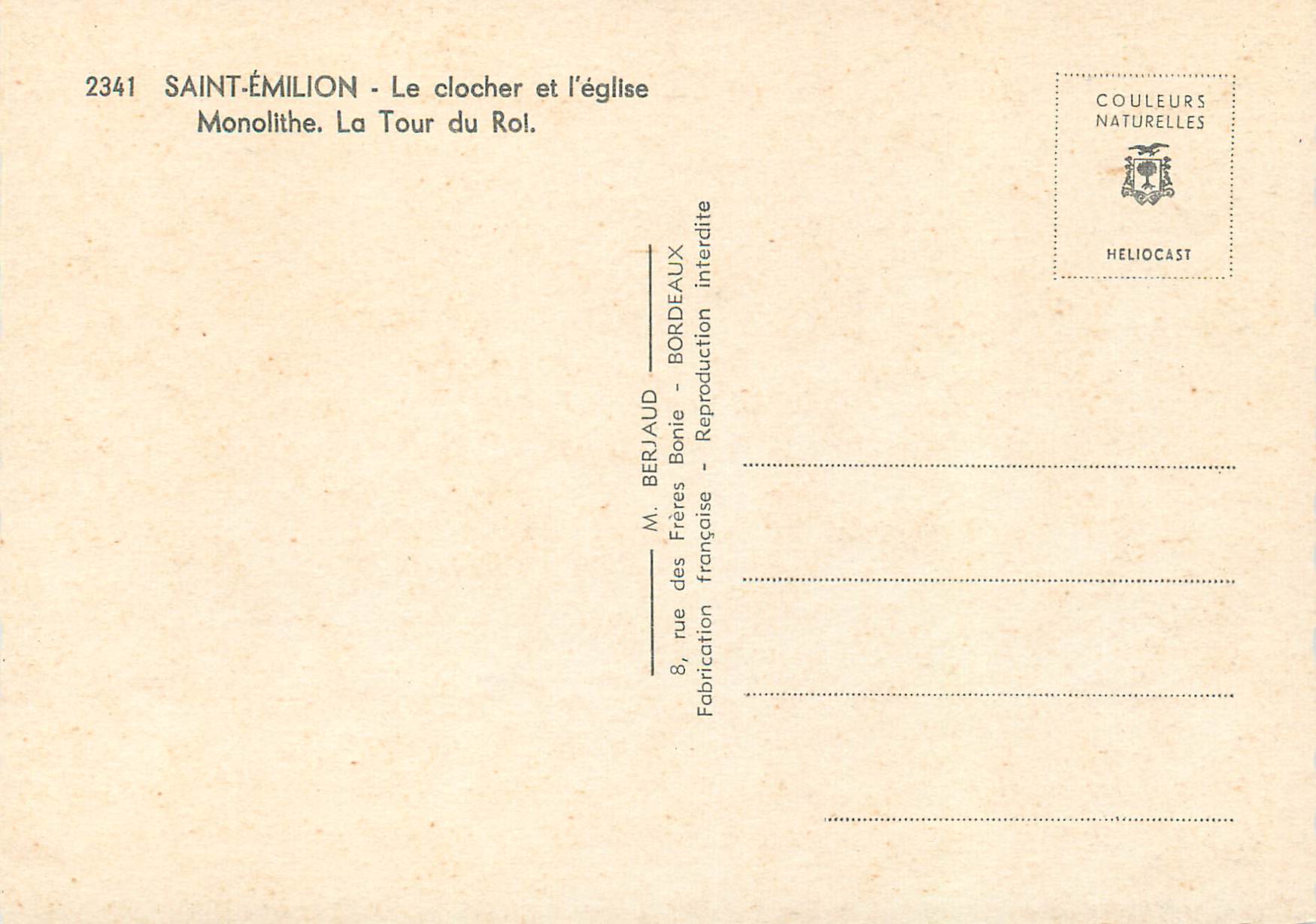 CPM Saint Emilion Le clocher et l eglise Monolithe La Tour du Roi  — Rückseite
