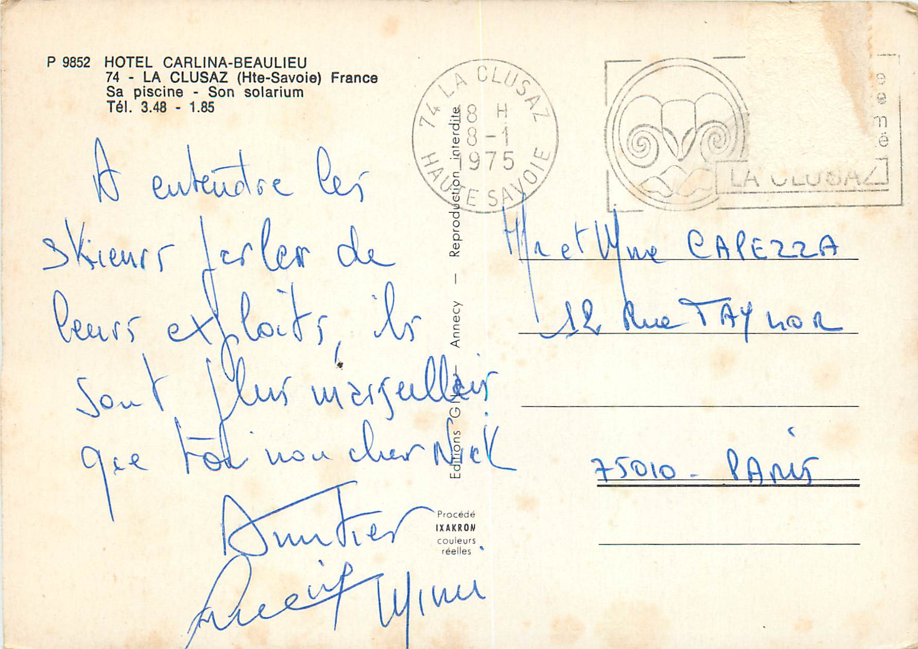 La Clusaz — hiver — Éditions Ixakron, n° P 9852 — Achterkant