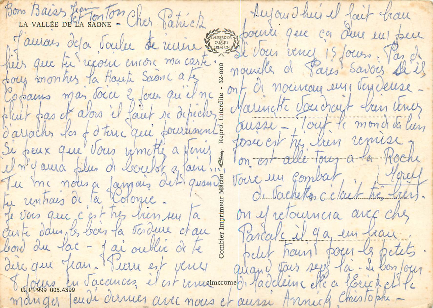 CPM La Vallee de la Saone  Vallee des sans soucis Peche — Rückseite