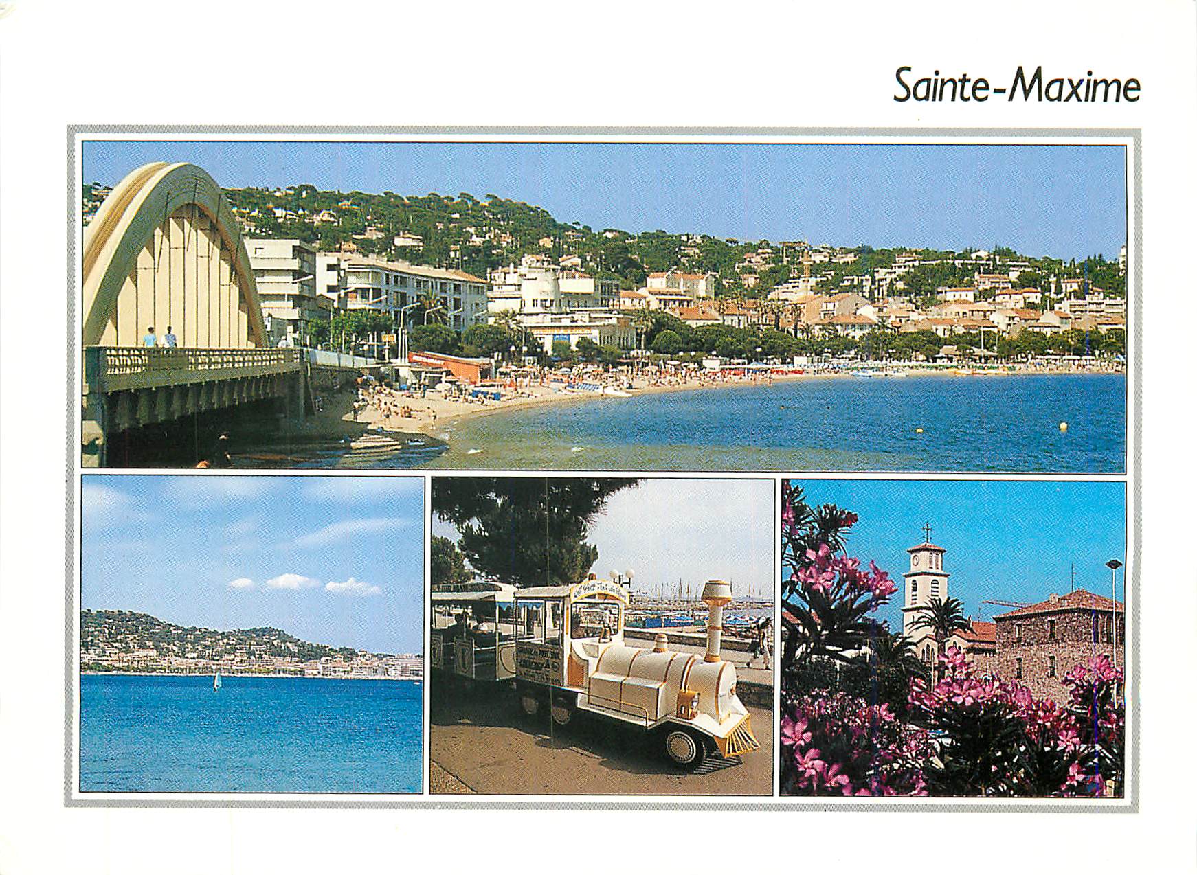 CPM Sainte Maxime Var La plage du Centre Le petit train La Tour Carree et l eglise 