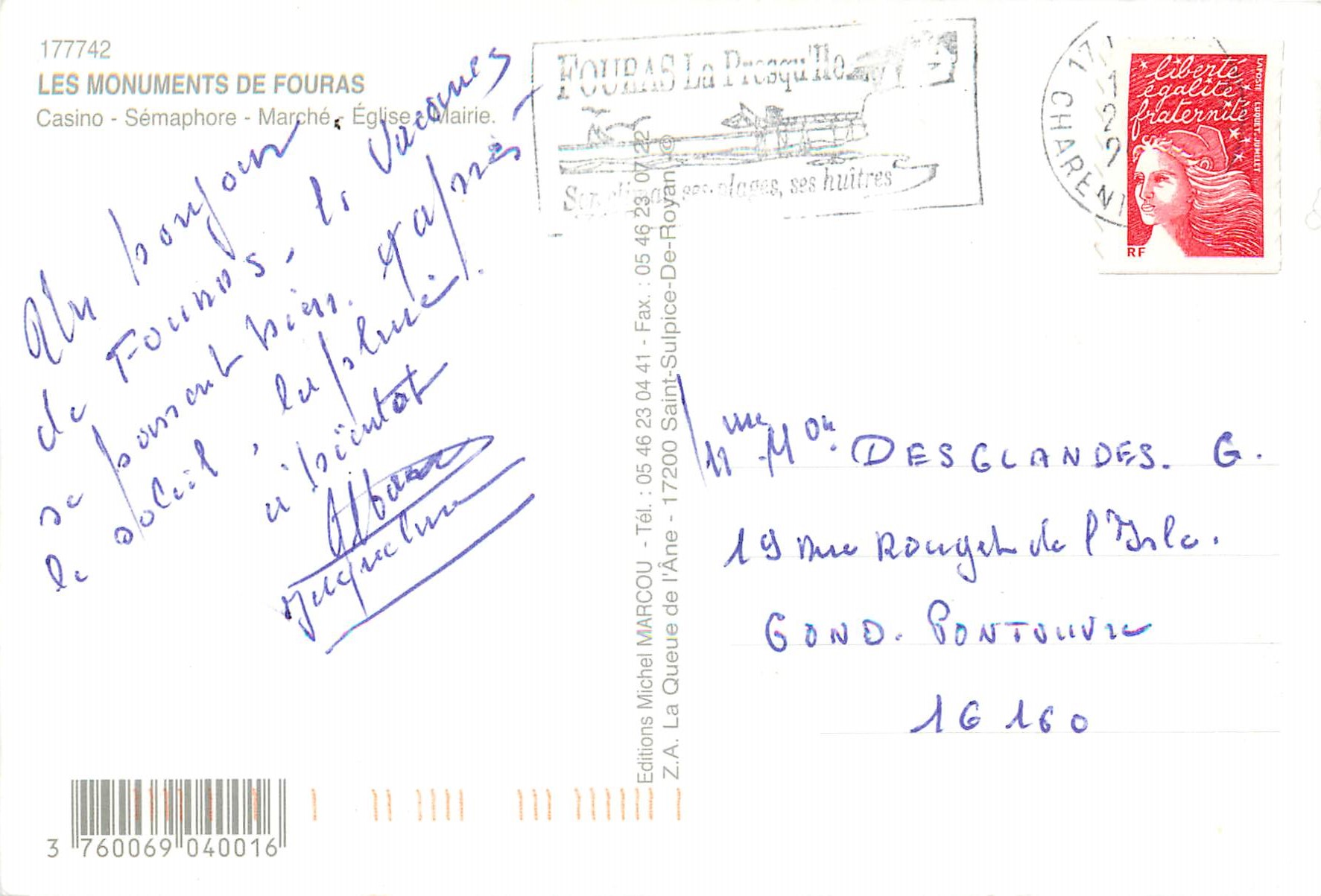 CPM Les Monuments de Fouras Casino Semaphore Marche Eglise Mairie  — Back