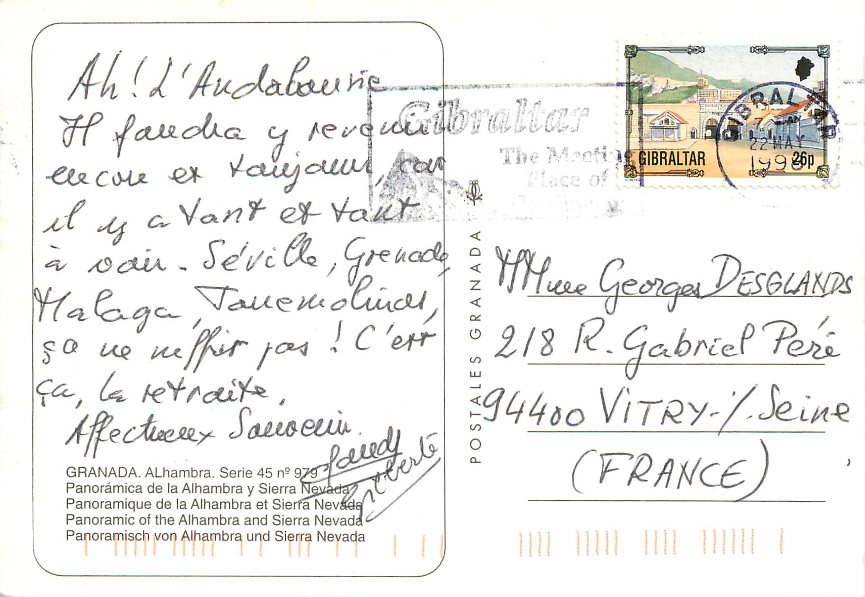 Alhambra et Sierra Nevada — Granada — Postales Granada, série 45 n° 979 — Verso