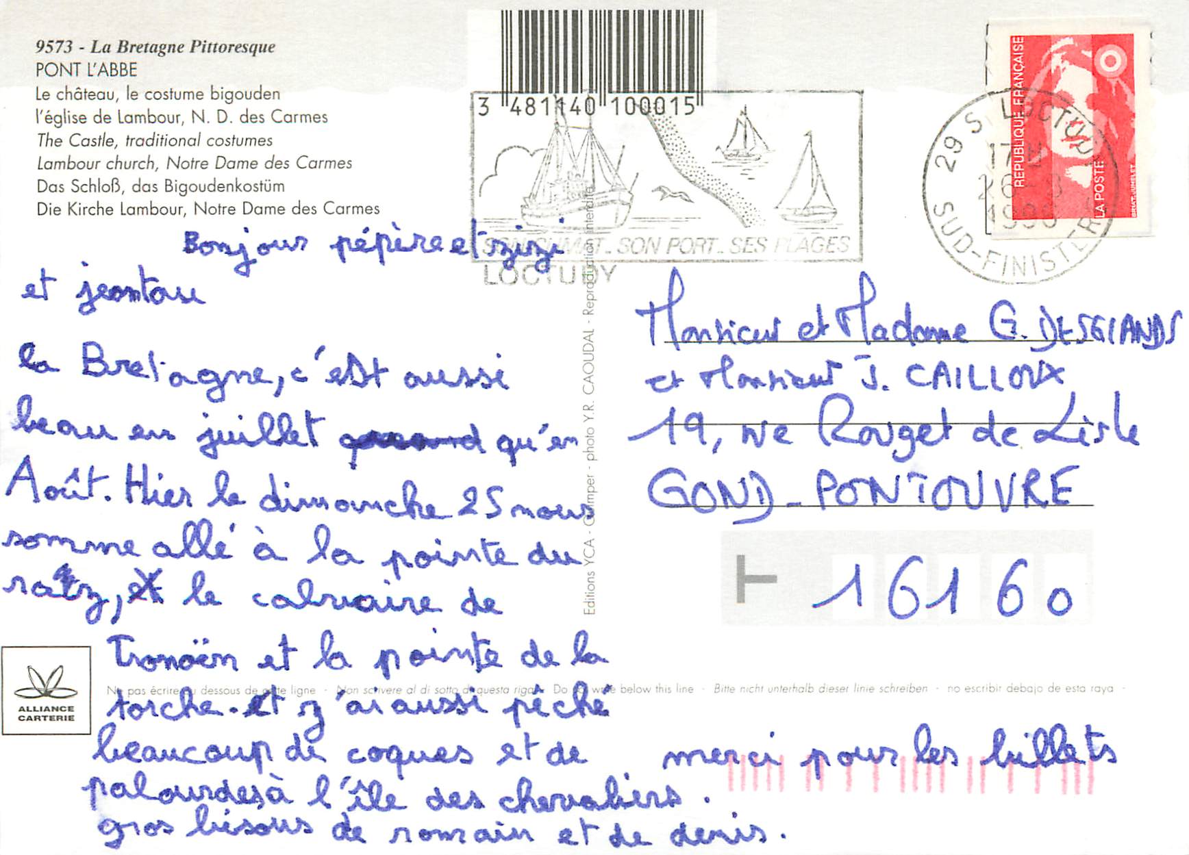 CPM Pont L Abbe Le chateau le costume bigouden l eglise de Lambour ND des Carmes  — Rückseite