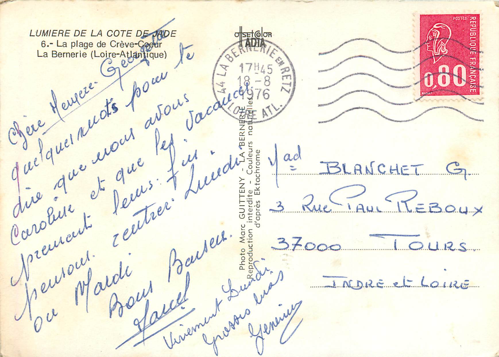 CPM La plage de Creve Coeur La Bernerie Loire Atlantique  — Rückseite
