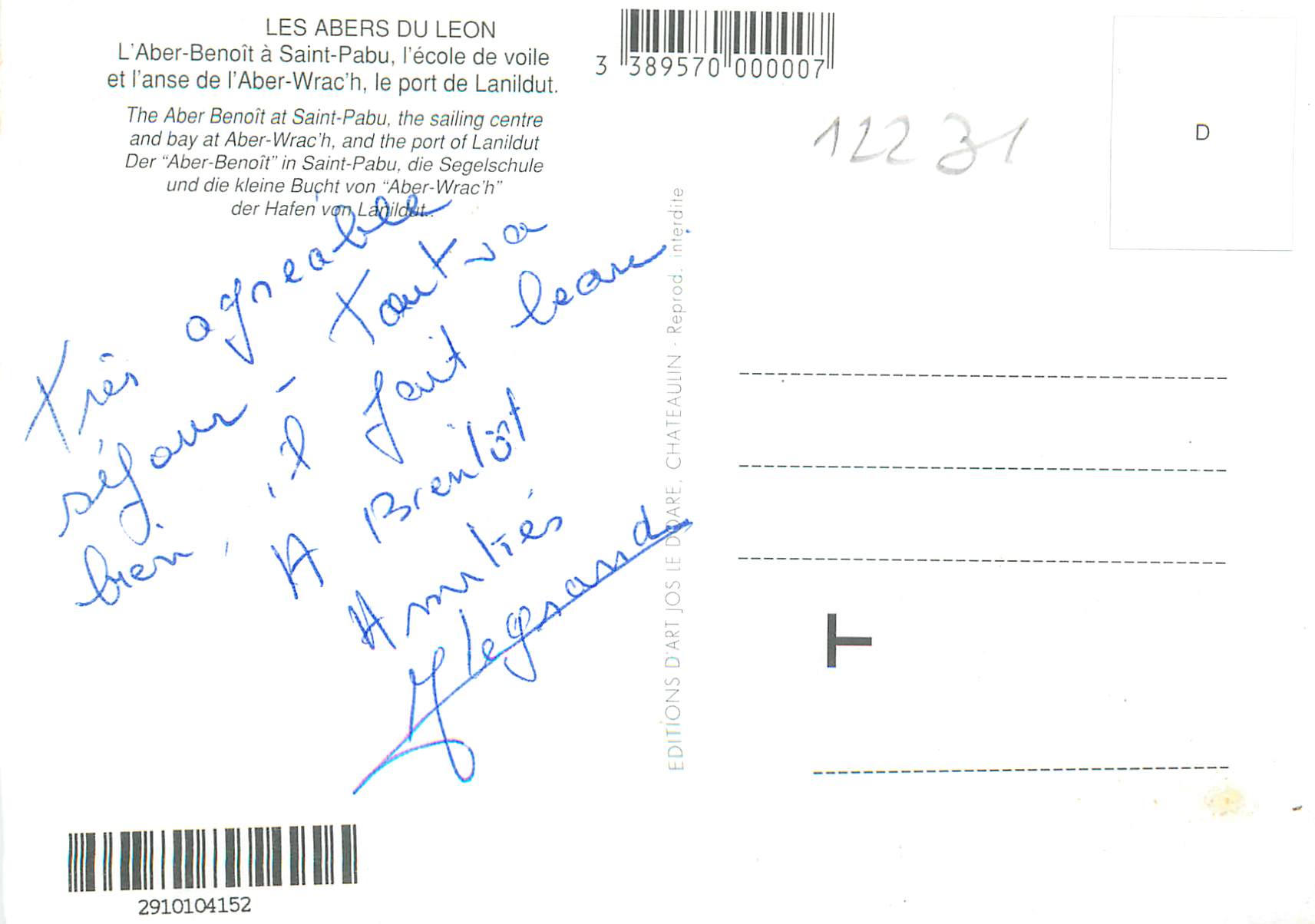 CPM Les Abers du Leon L Aber Benoit a Saint Pabu l ecole de voile et l anese de l Aber Wrach le port de Lanildut  — Rückseite