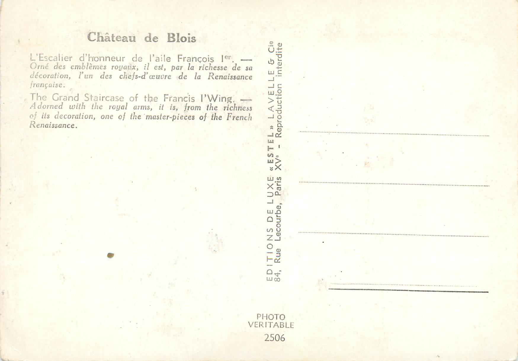 CPM Chateau de Blois L Escalier d honneur de l aile Francois Ier  — Verso