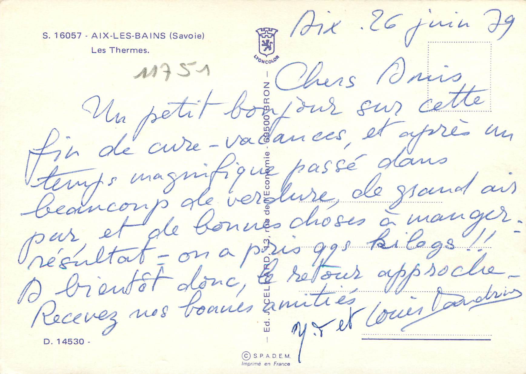 CPM Aix les Bains Savoie Les Thermes  — Rückseite