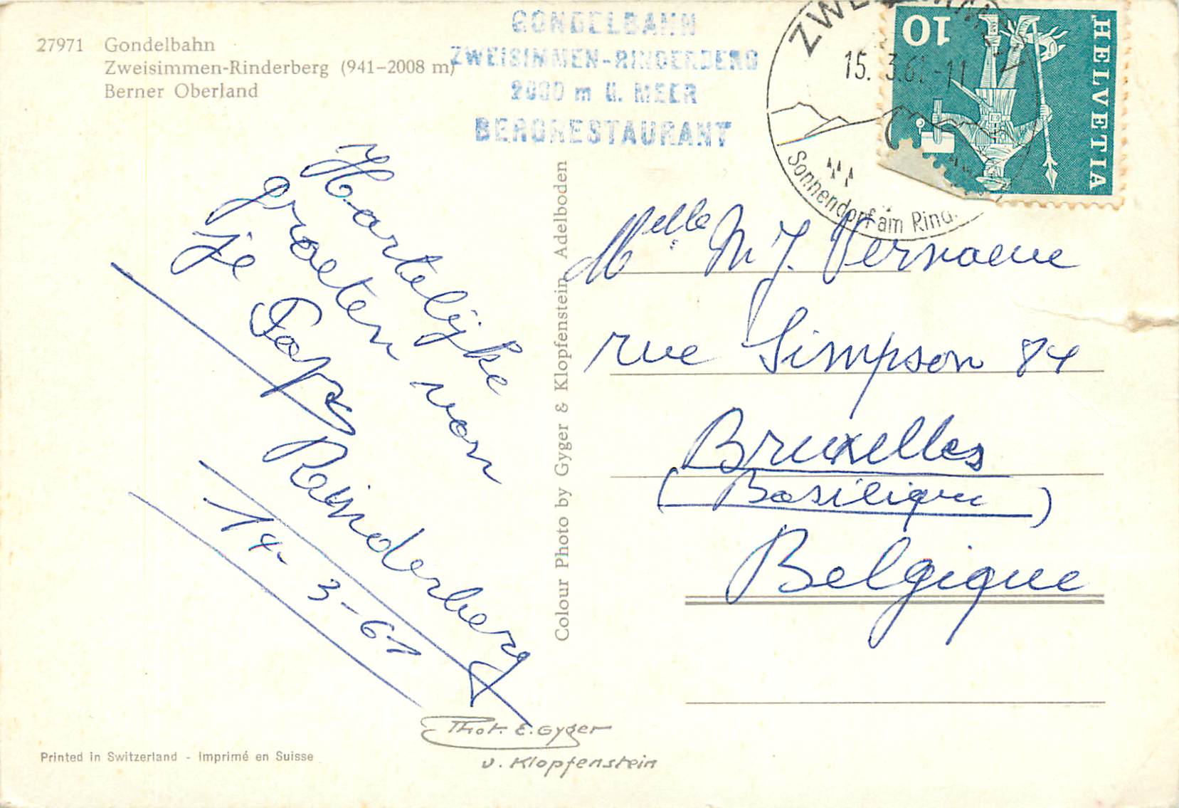 CPM Gondelbahn Zweisimmen Rinderberg Berner Oberland  — Rückseite