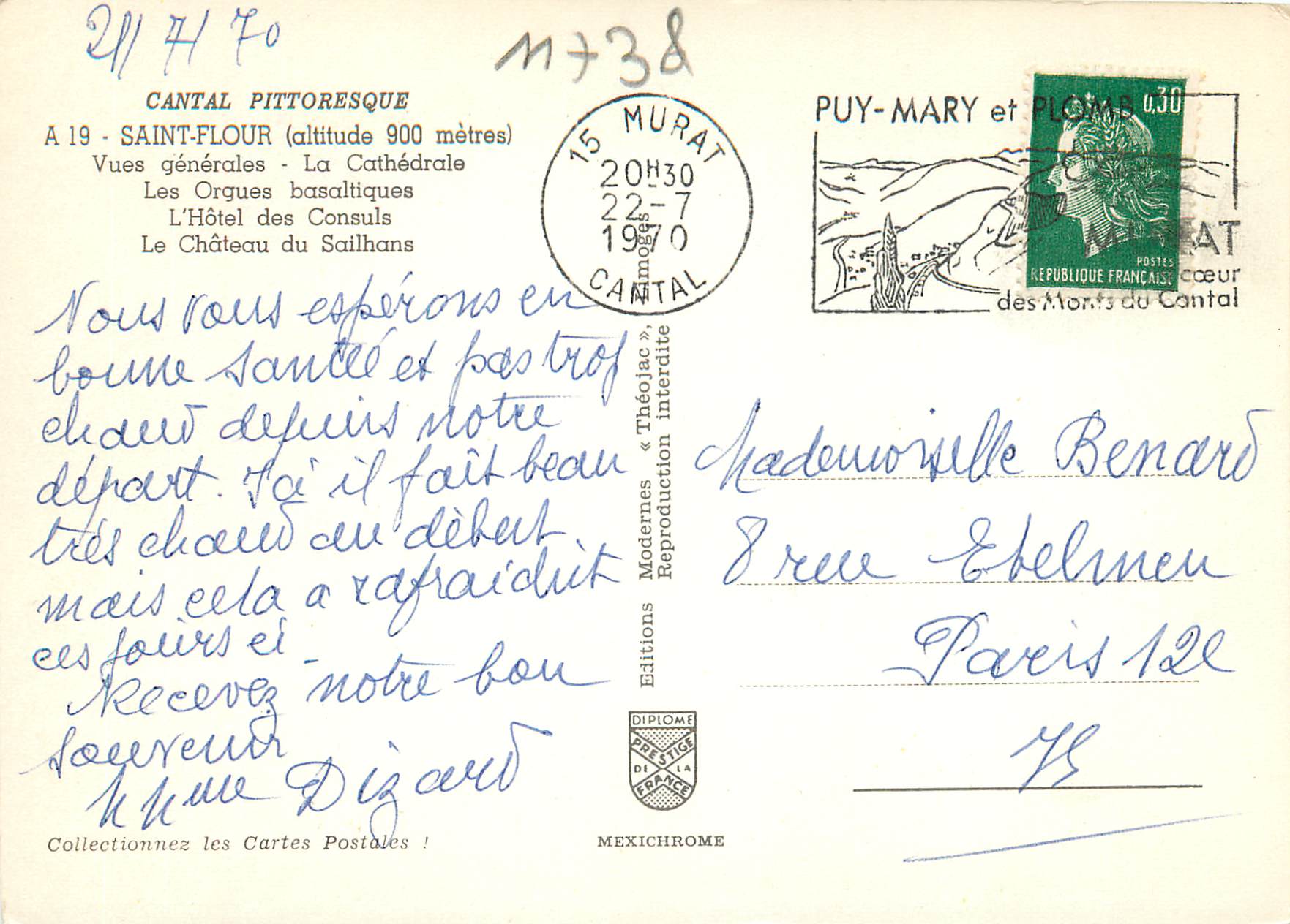CPM Saint Flour Vues generales La Cathedrale Les Orgues basaltiques  — Rückseite