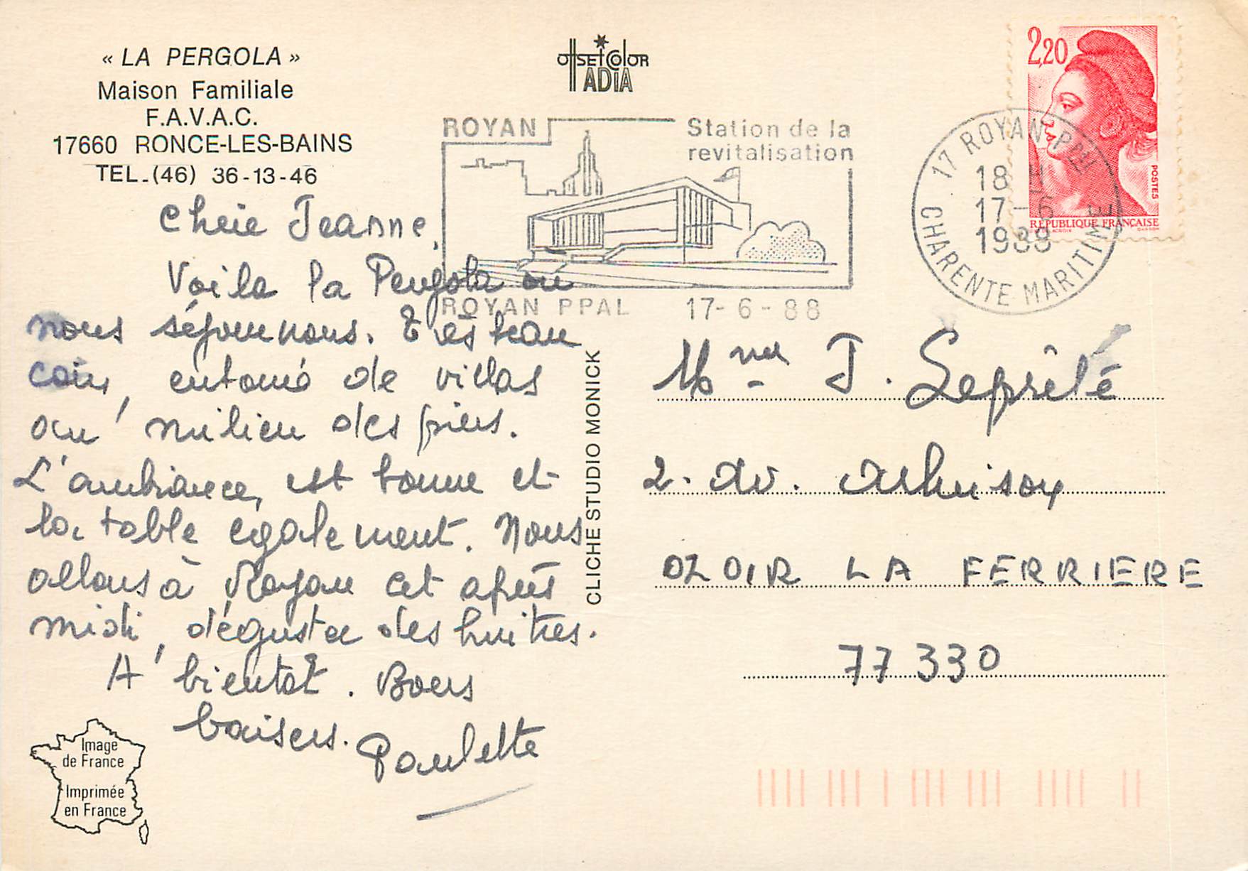 CPM La Pergola Maison Familiale FAVAC Ronce les Bains  — Back