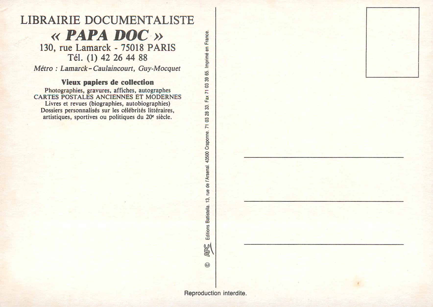 CPM Papa Doc Paris Vieux papiers de collection Rue Larmarck Paris Metro Lamarck Caulaincourt Guy Mocyqet — Verso