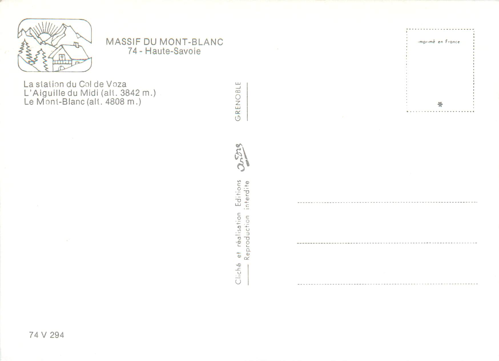 Massif du Mont-Blanc — La station du Col de Voza, L'Aiguille du Midi, Le Mont-Blanc — Éditions Grenoble — Rückseite