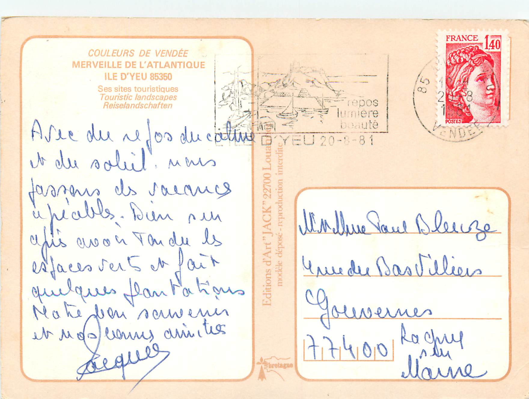 CPM Merveille de l Atlantique Ile d Yeu Ses sites touristiques  — Back