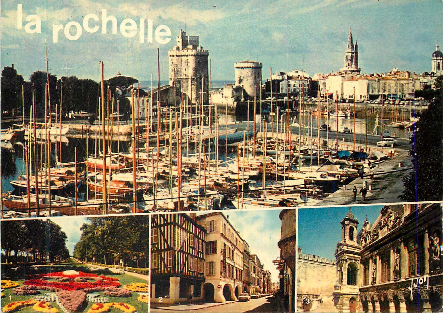 CPM La Rochelle Char Maritime Les Allees du Mail Les Arcade rue du Palais L Hotel de Ville Bateaux