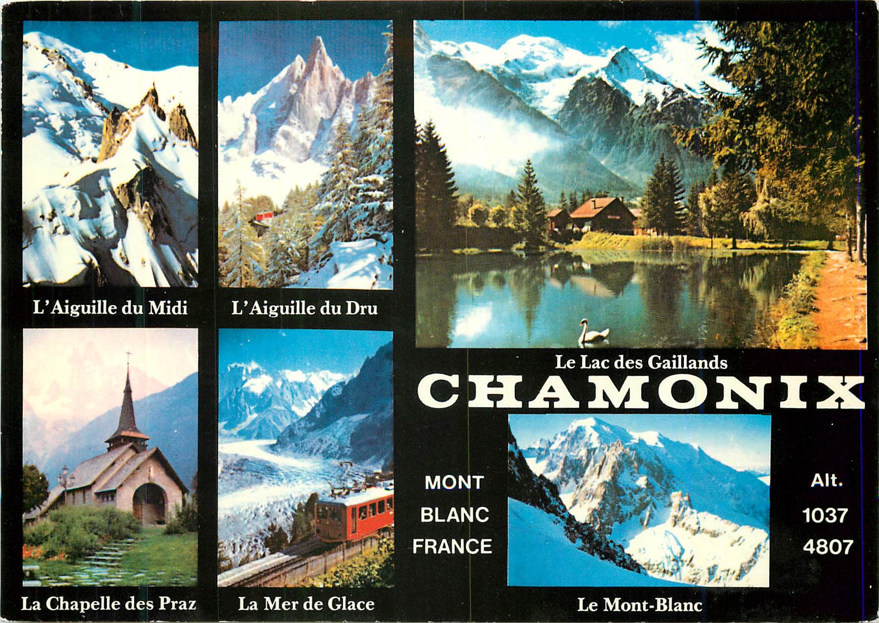 CPM Chamonix Mont Blanc Haute Savoie La mer de glace L'aiguille du Midi L'aiguille du Dru La chapelle des Draz Le lac de