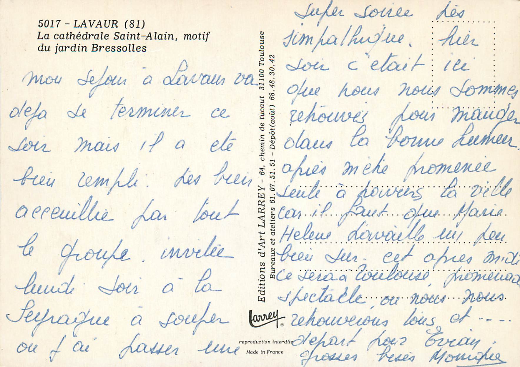 CPM Lavaur La catherale Saint Alain motif du jardin Bressolles  — Rückseite