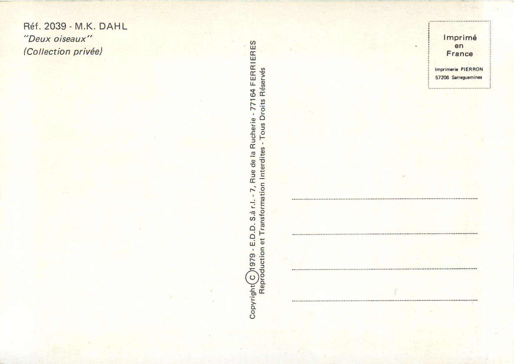 CPM MK Dahl Deux oiseaux  — Verso
