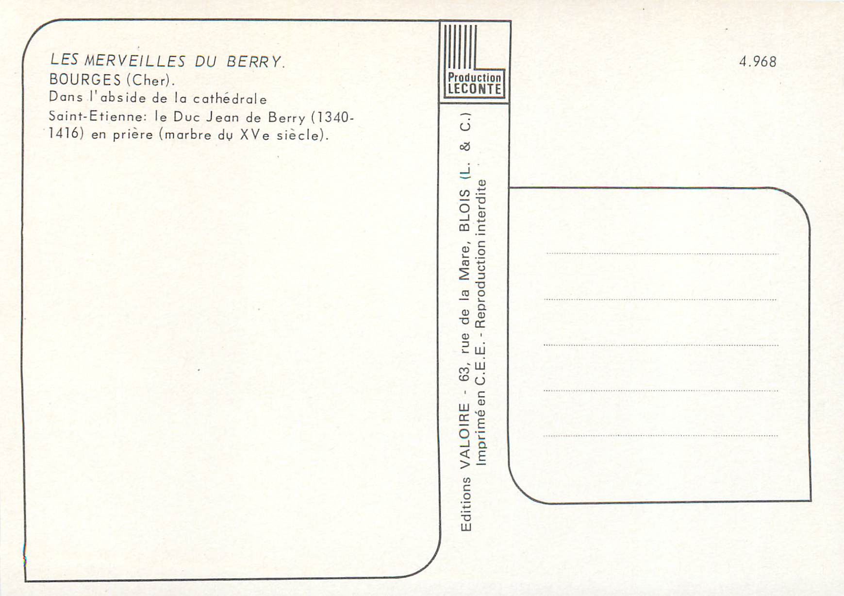 CPM Bourges Cher Dans l abside de la Cathedrale Saint Etienne le Duc Jean de Berry  — Verso