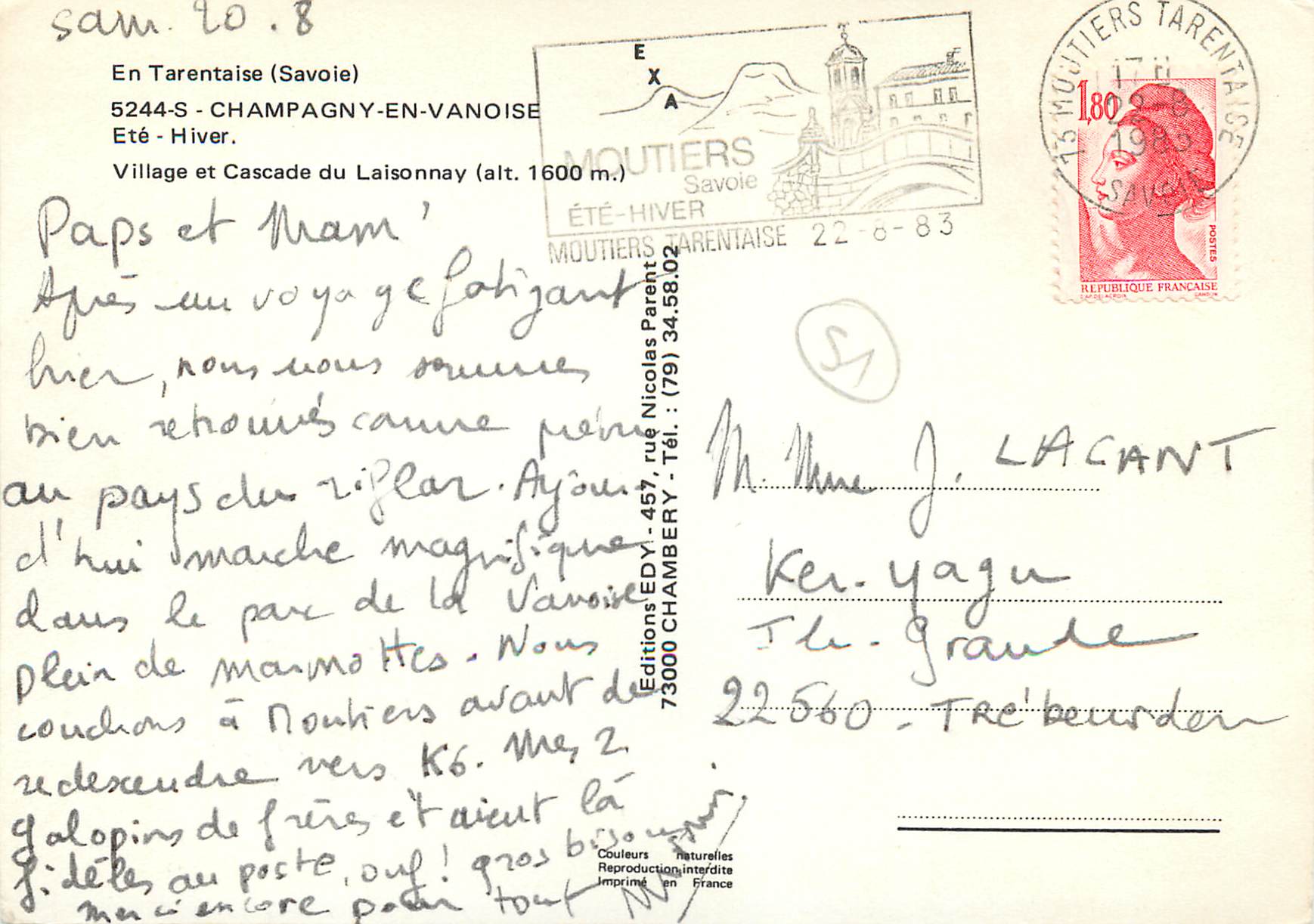 CPM En Tarentaise Savoie Champagny en Vanoise Ete Hiver Village et Cascade du Laisonnay  — Rückseite