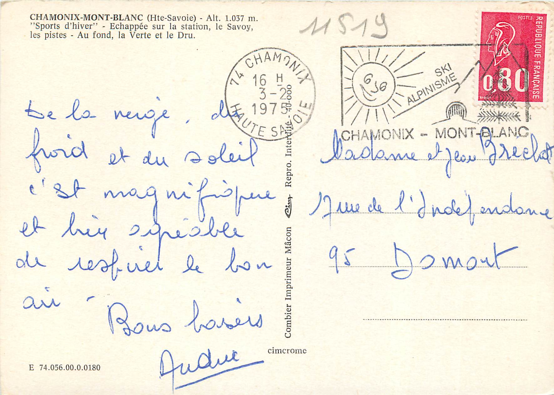 Chamonix-Mont-Blanc — 'Sports d'hiver' — Échappée sur la station, le Savoy, les pistes - Au fond, la Verte et le Dru. — Verso